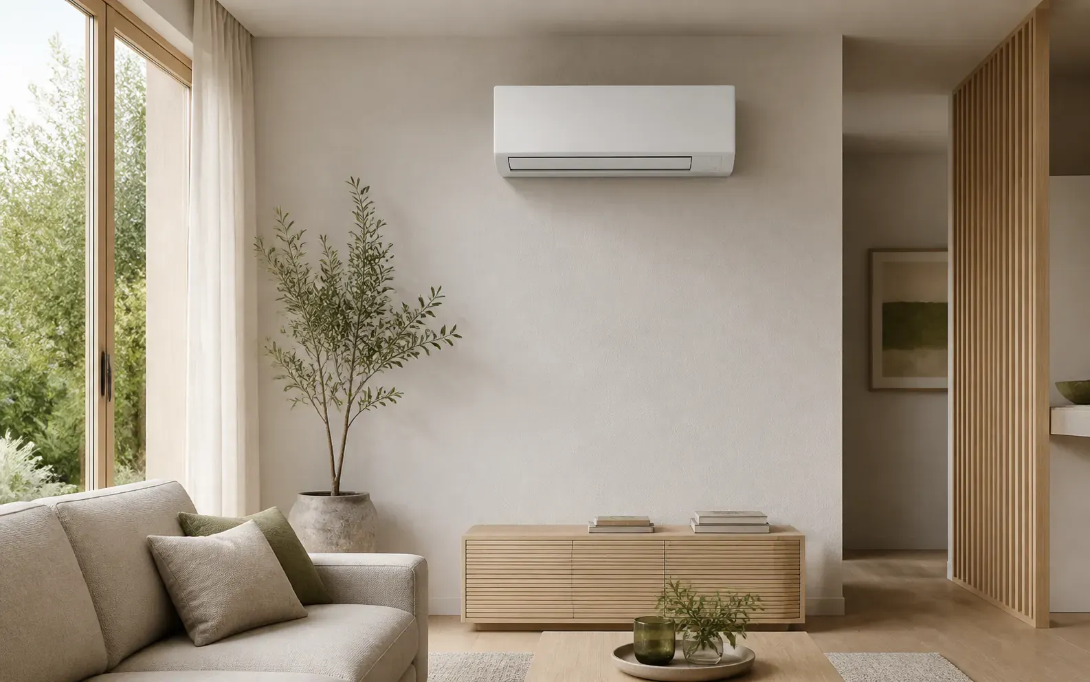 Illustratieve woonkamer met een witte wandairco boven een houten kast.