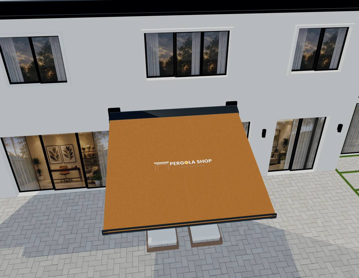 Oranje zonweringdoek met een Pergola Shop-logo in een 3D-productscène.