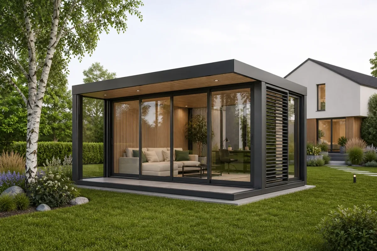Tuinstudio met glazen wanden op volledige hoogte en houtkleurige omlijsting naast een huis
