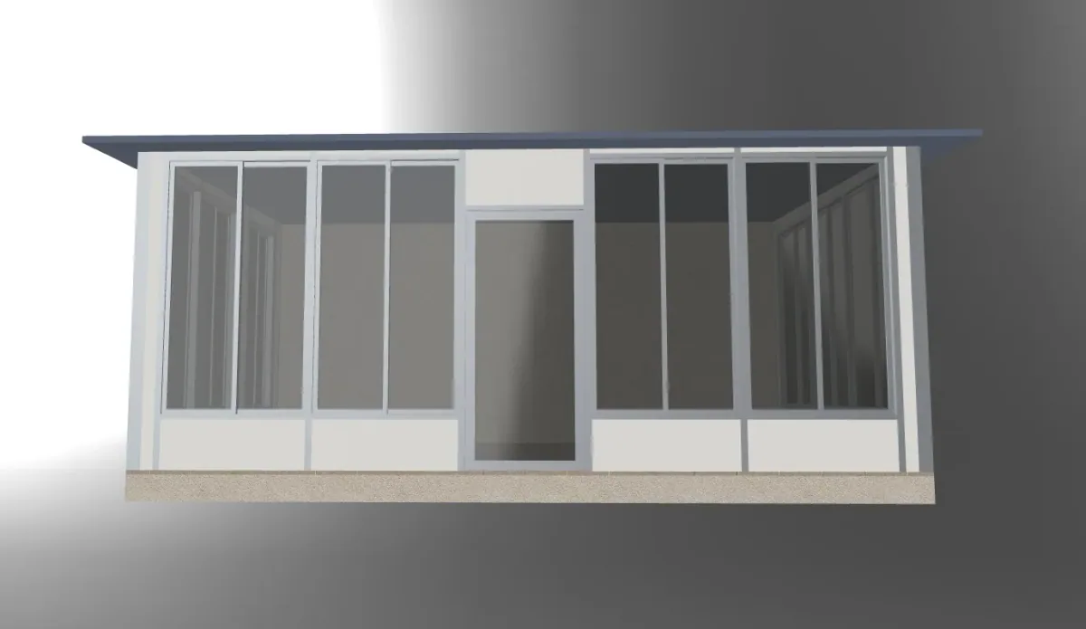 Vooraanzicht van een glazen serre met een centrale deur