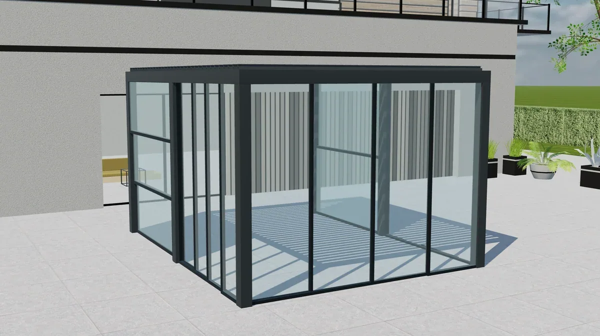 Tenteks Italia lamellenpergola met glaspanelen in 3D-weergave