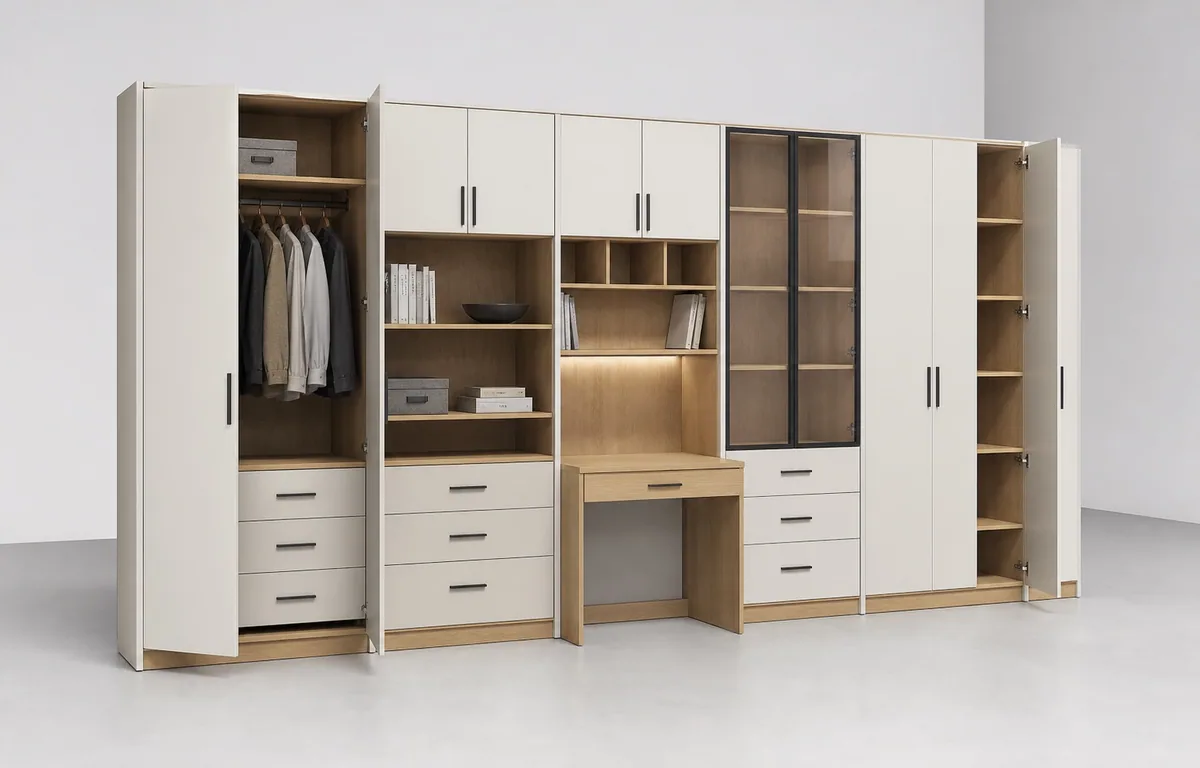 Open modulaire kledingkastkasten met ophangrails, laden en planken in 3D-aanzicht