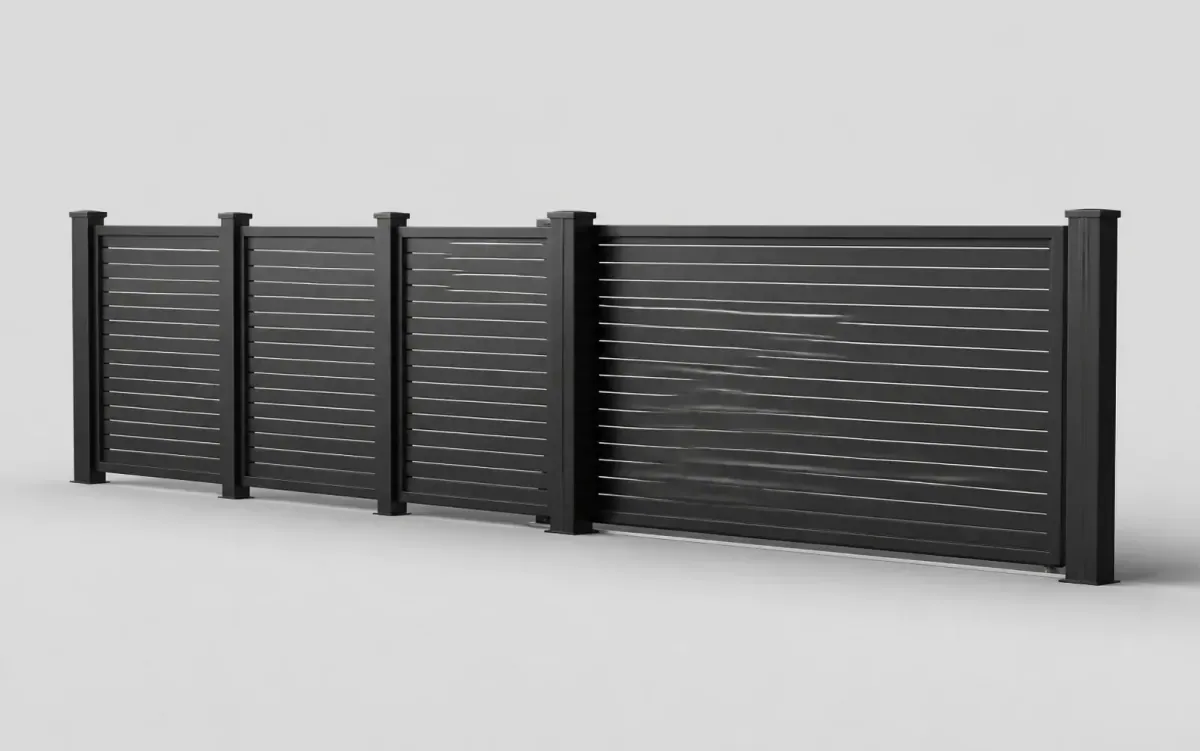 Donkere horizontale lamellenpoort met bijpassende schuttingpanelen in 3D productaanzicht