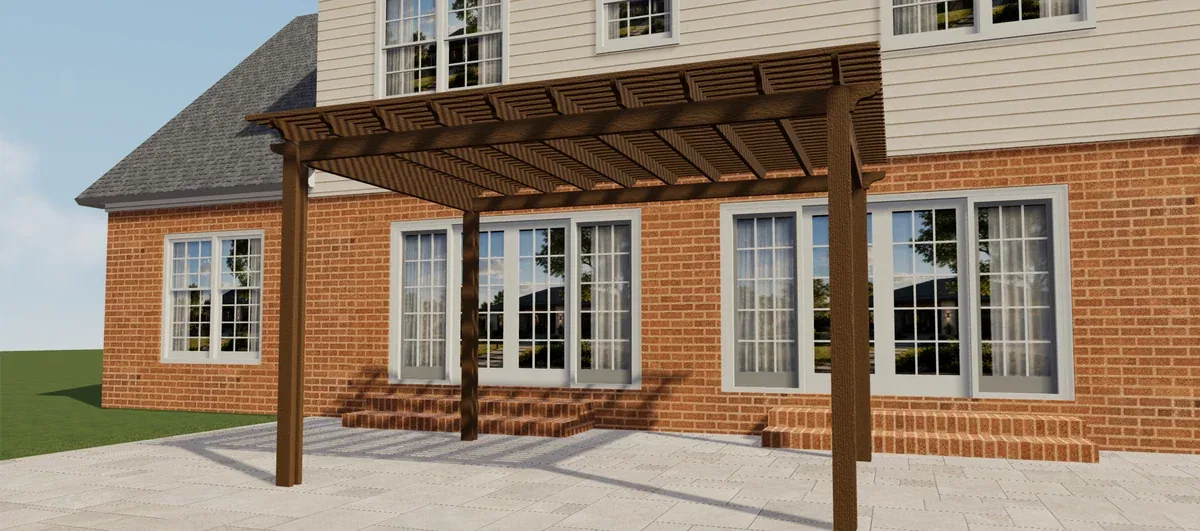 Vooraanzicht van een bruine Elite Aluminium pergola met open lamellendak