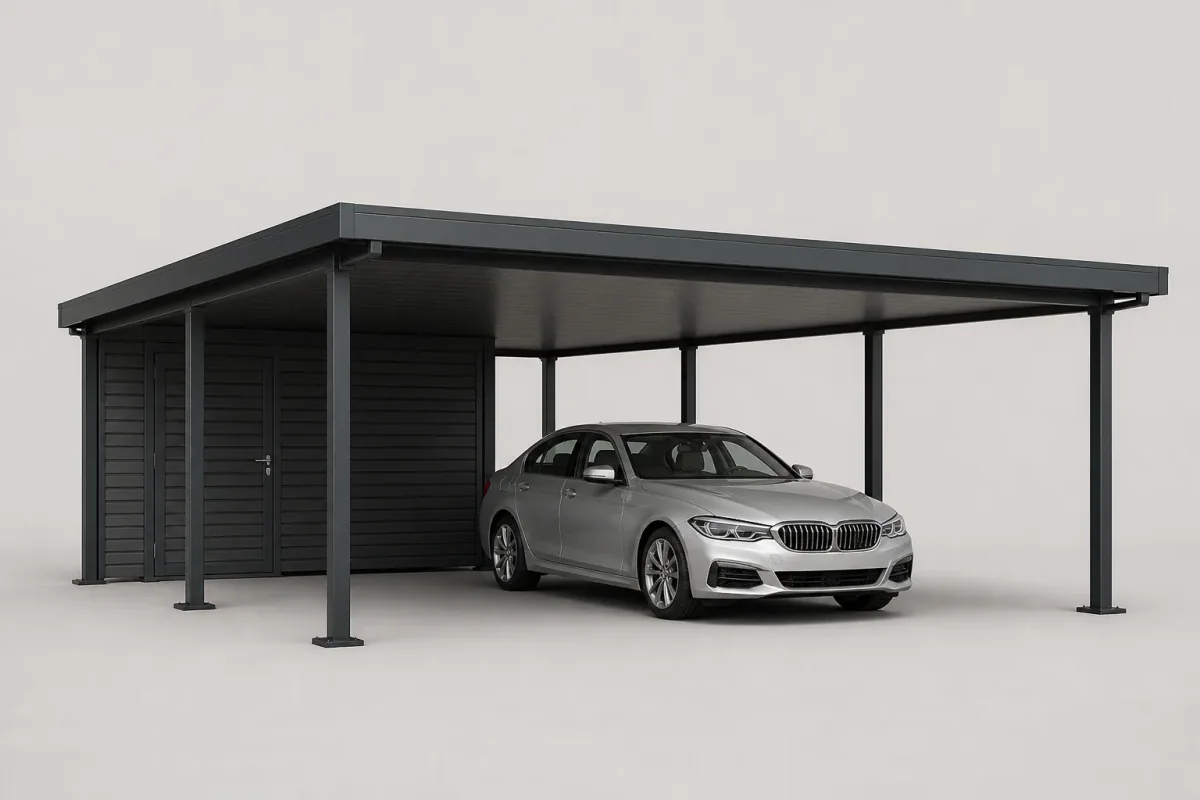 3D carport-productmodel met dak en steunkolommen