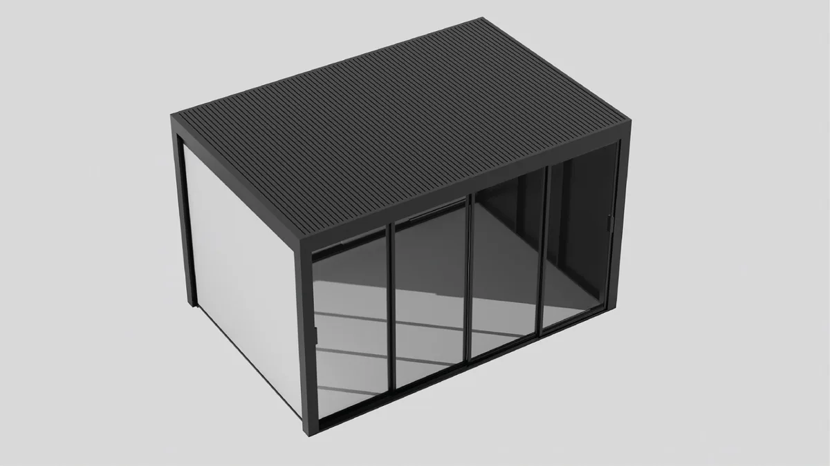 Donker pergolamodel met glazen zijpanelen en een massief dak in 3D-aanzicht