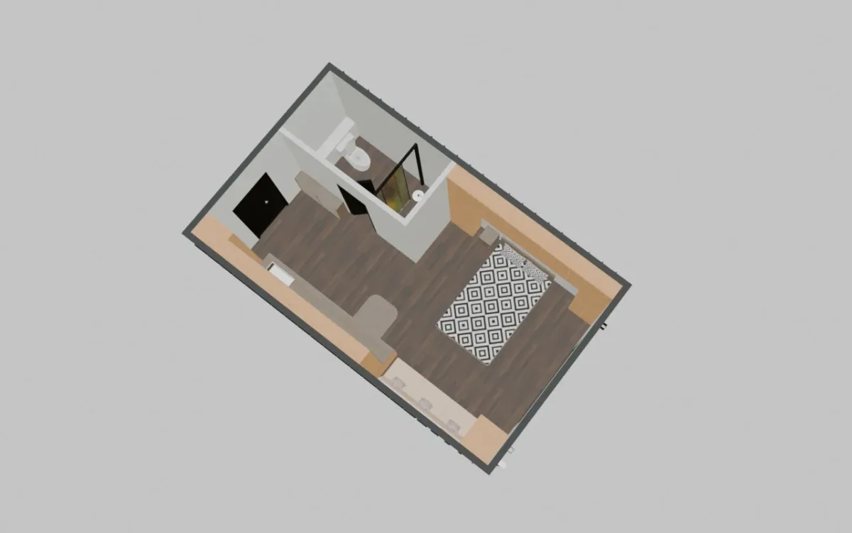Driedimensionale plattegrond van een modulair huis met interne kamers
