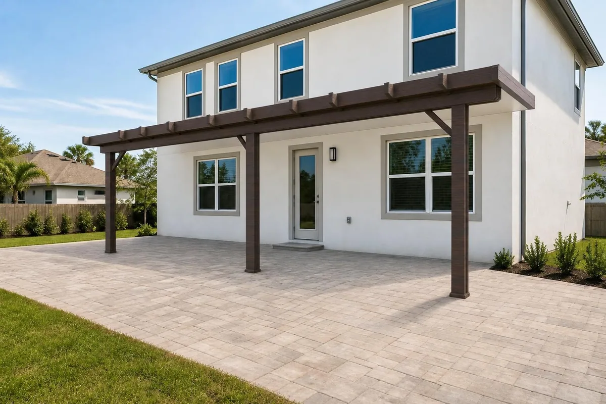 Pergola in houtstijl die een betegeld terras naast een wit huis in de schaduw stelt