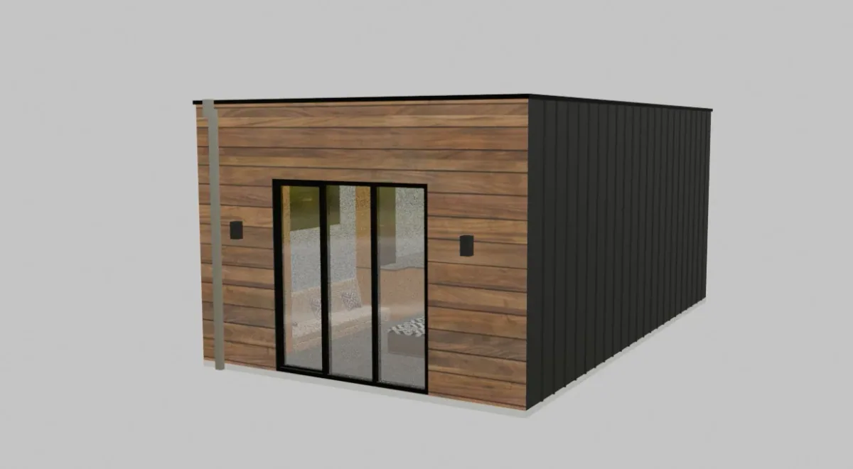 Modulaire woningbuitenkant met glazen panelen over de volledige hoogte