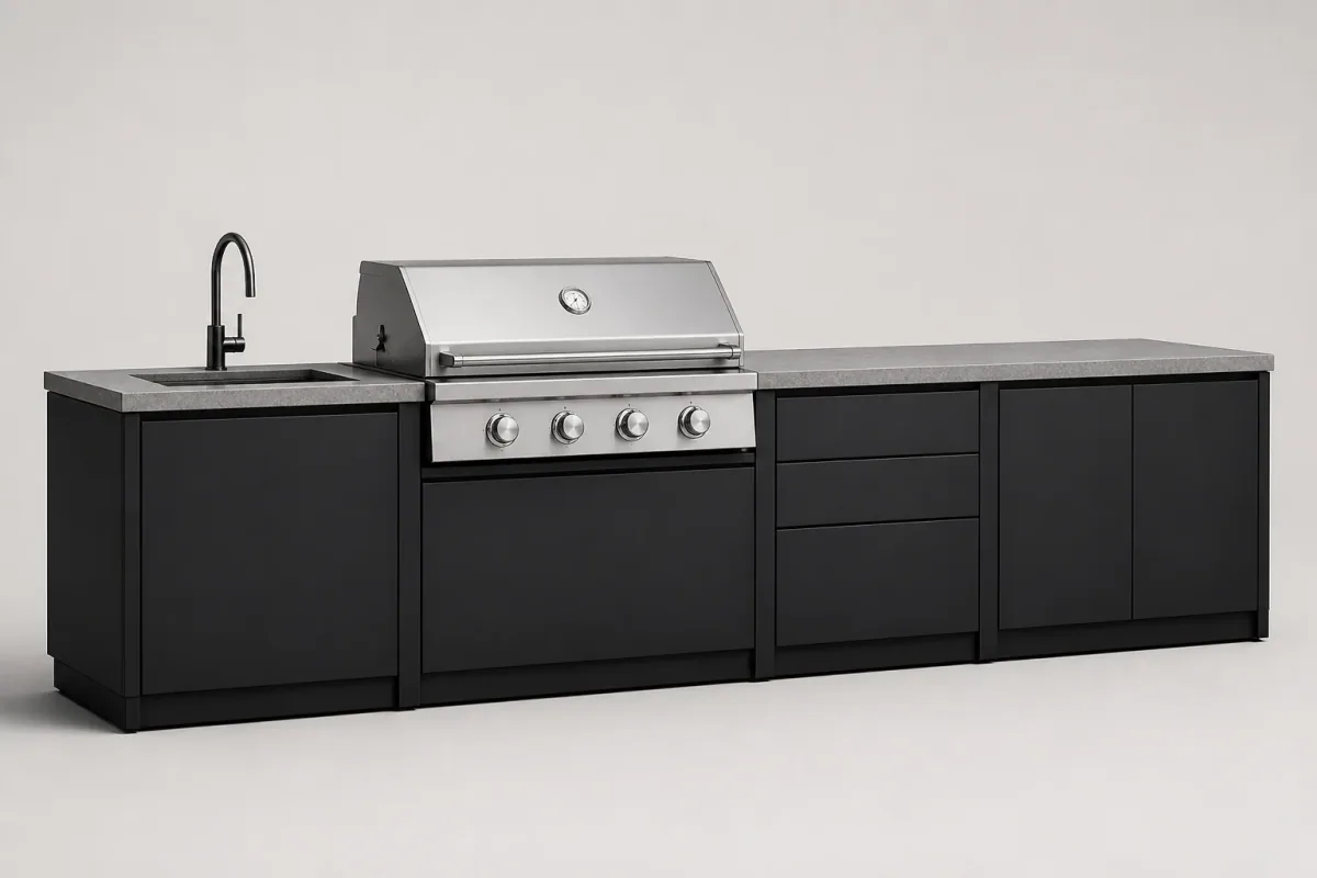 Productmodel buitenkeuken met werkbladen, opbergruimte en kookgerei