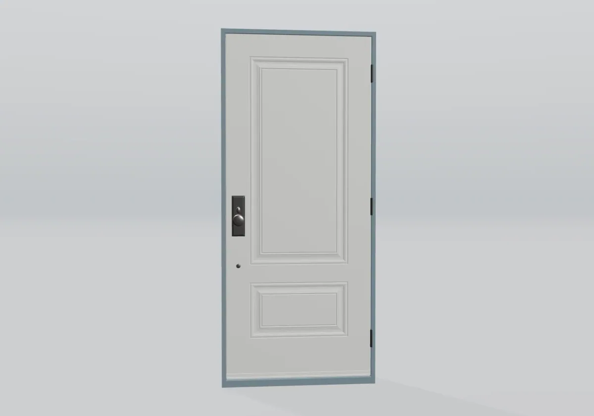 Enkele witte paneeldeur met donkere knop en grijs frame