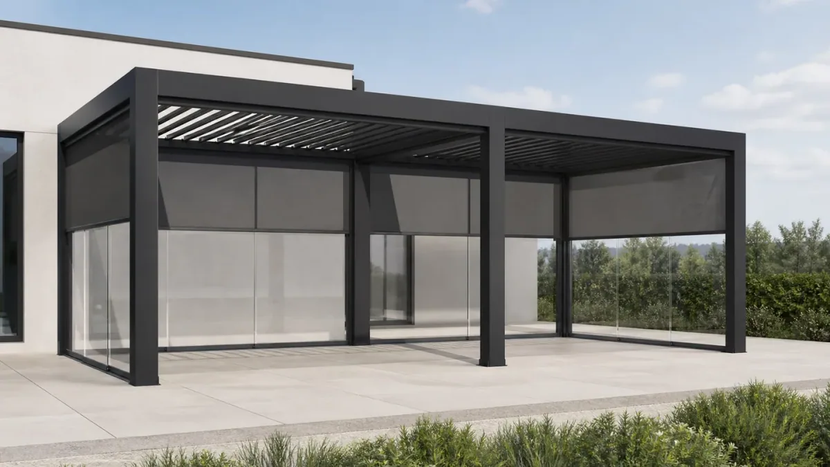 Pergola met meerdere vakken en glazen zijkanten gezien vanuit de tuin