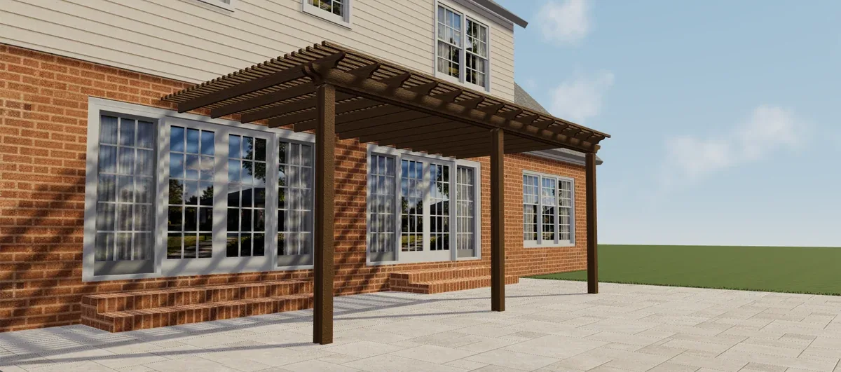 Zijaanzicht van een bruine Elite Aluminium pergola met open lamellendak