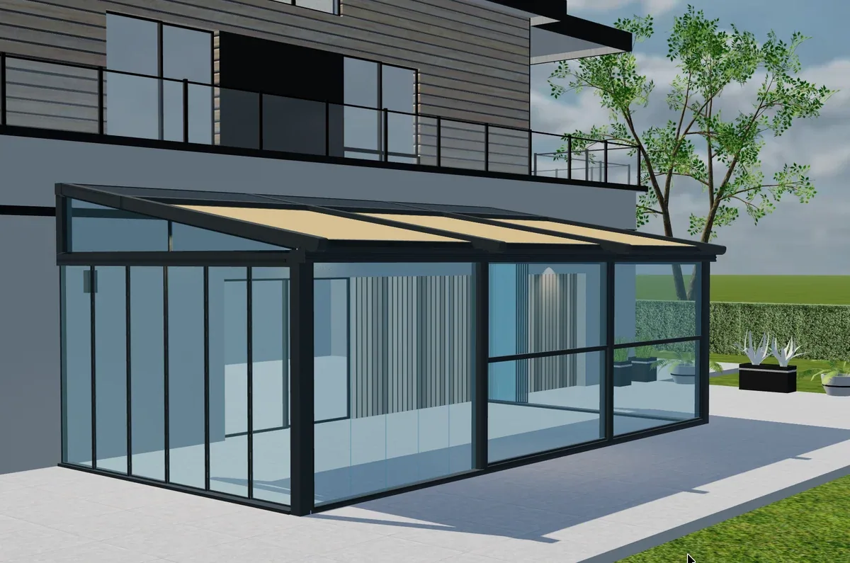 Tenteks Italia pergola met glazen zijkanten en schuin stoffen dak in 3D-aanzicht