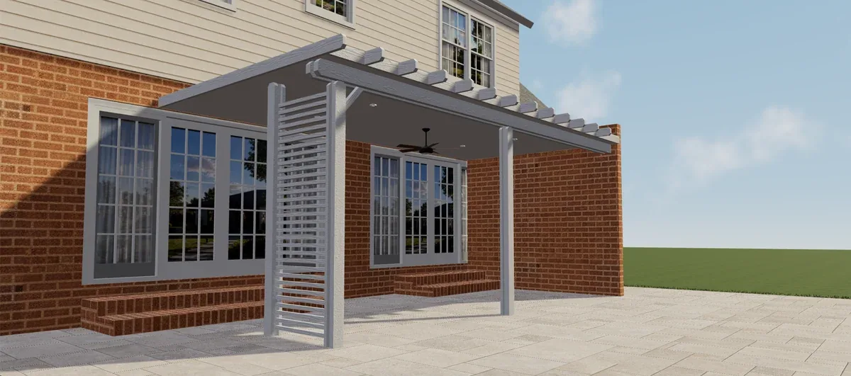 Witte Elite aluminium overdekte pergola met zijpaneel met latten en plafondventilator