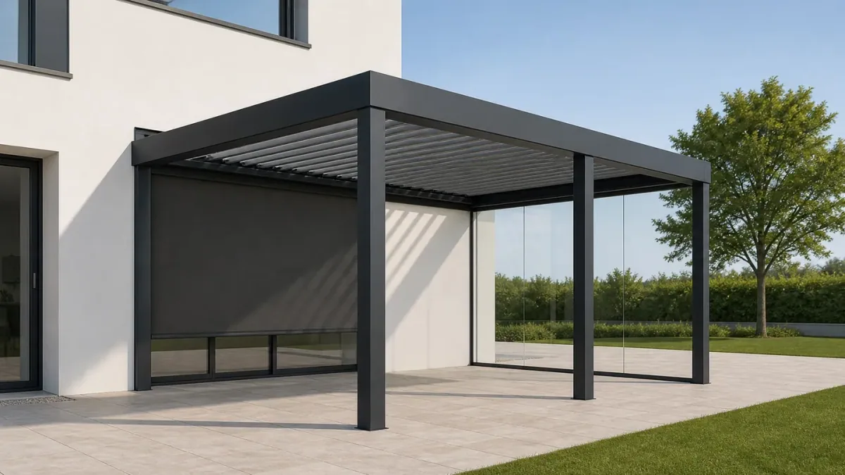 Antraciet pergola met glaspanelen en zijscherm naast modern huis