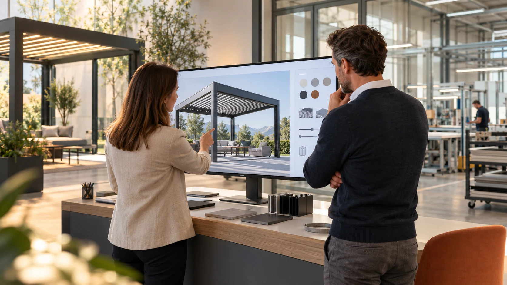 Twee professionals beoordelen een pergola in een Configurix 3D-productconfigurator in een moderne Duitse showroom.