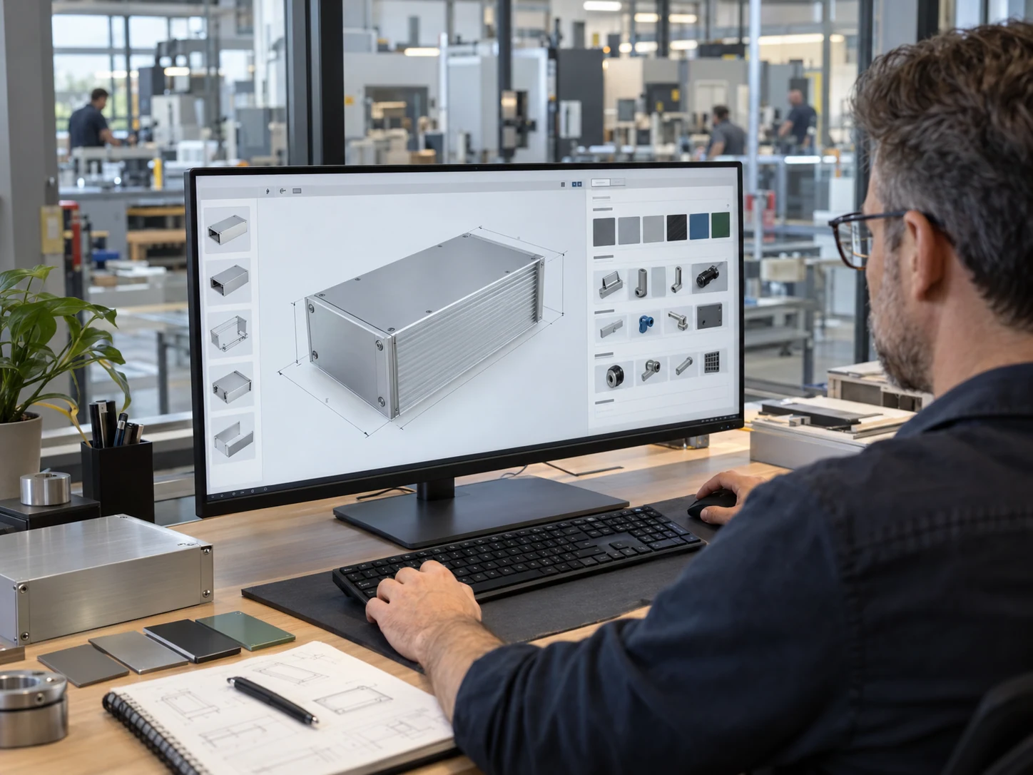 Een productingenieur configureert een aluminium industriële behuizing in 3D naast een moderne Duitse fabriekshal.