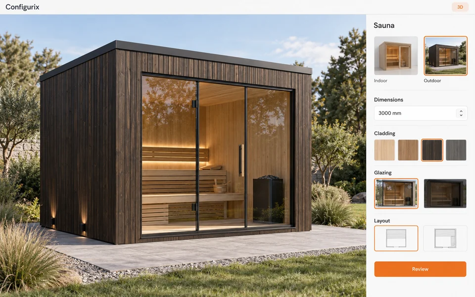 3D-weergave van een configureerbaar product (sauna) bij Noordse landen: sauna- en modulaire configurators, maatwerksoftware en uitrol.