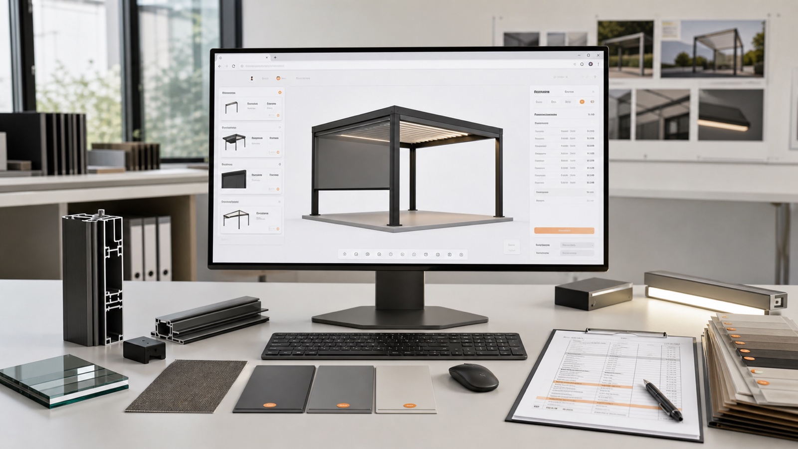 Product configurator workspace connecting a three-dimensional product, component options, rule logic and live pricing