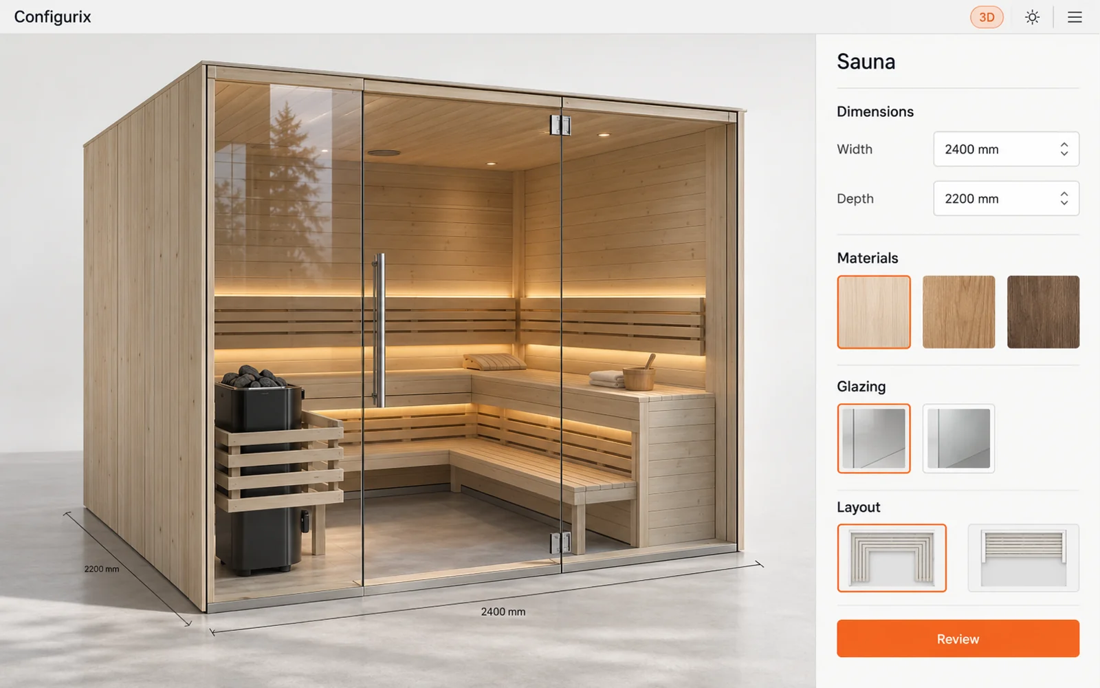 Illustratie van een saunaconfigurator met houten cabine, glazen front, bankindeling en materiaalkeuzes