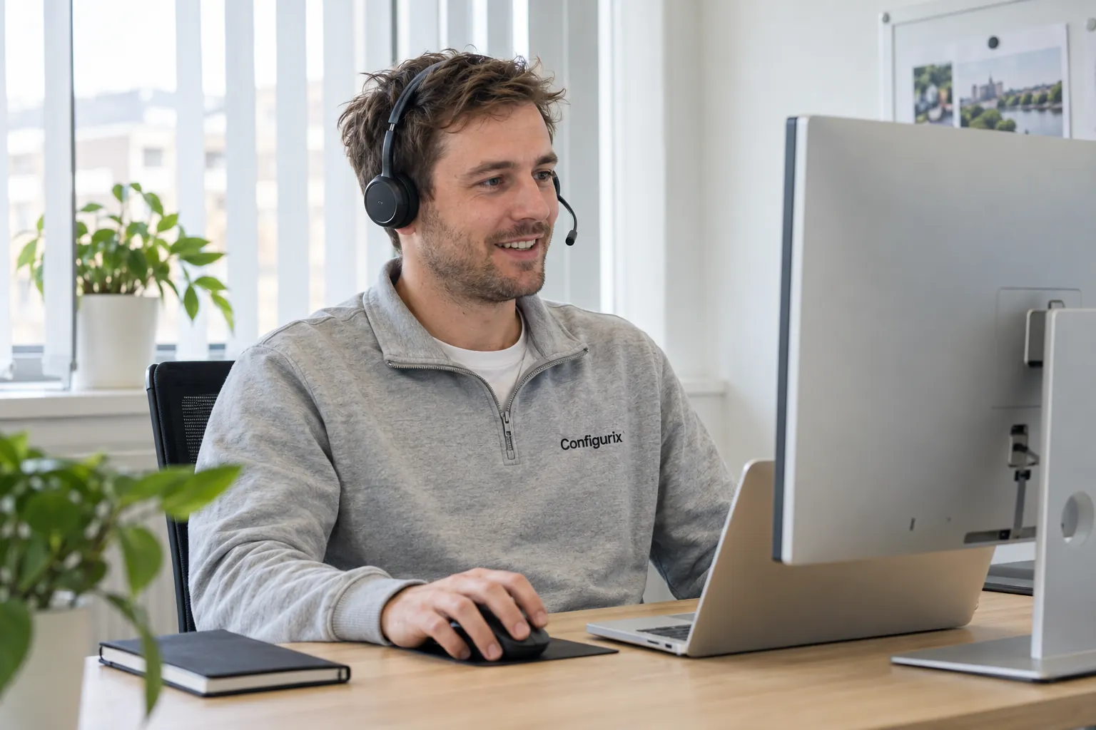 Illustratieve Configurix-specialist tijdens een live demo van de 3D-productconfigurator in een licht kantoor