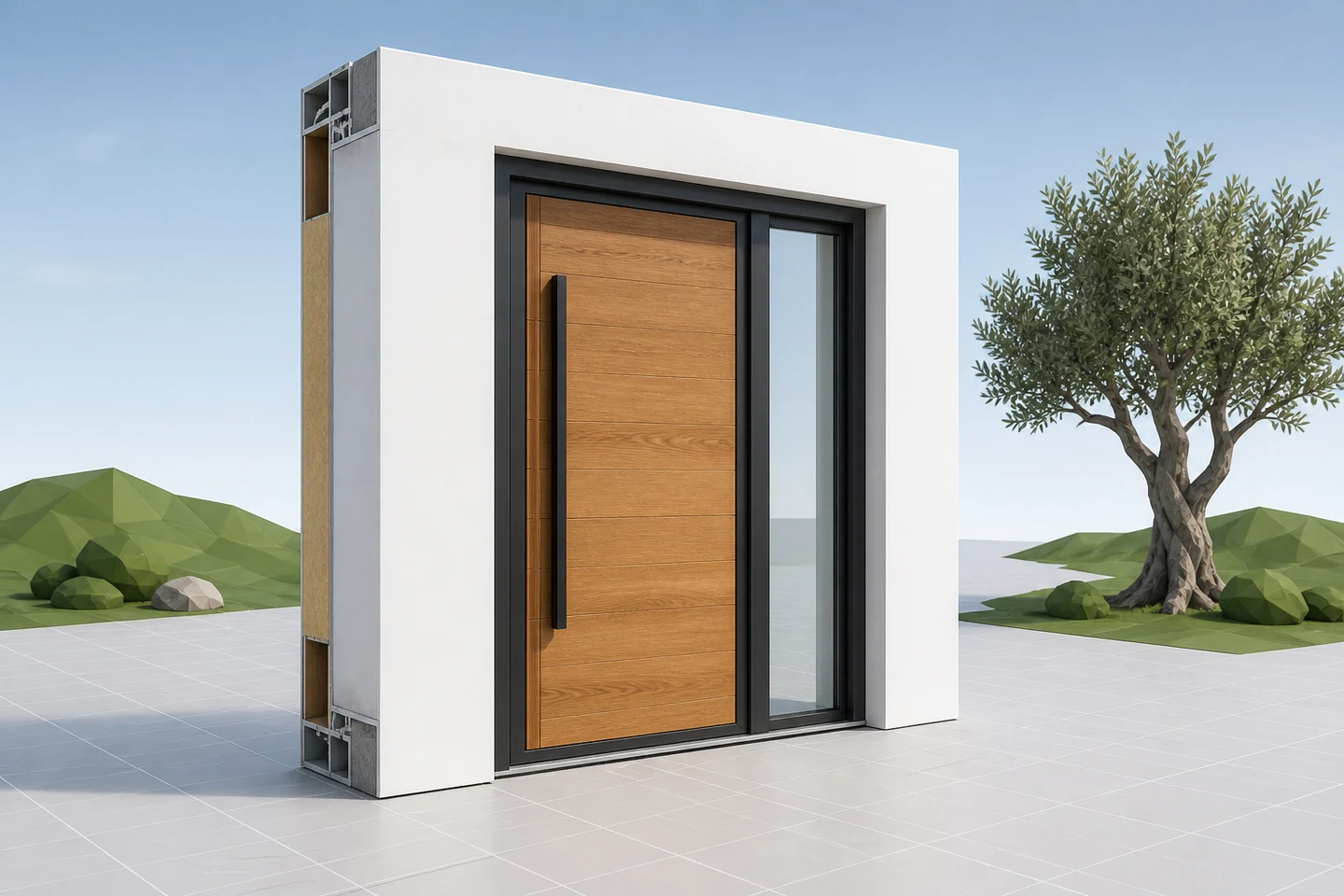 3D-weergave van een configureerbaar product (deur) bij Noord-Amerika: configurators voor bouwproducten, maatwerksoftware en uitrol.