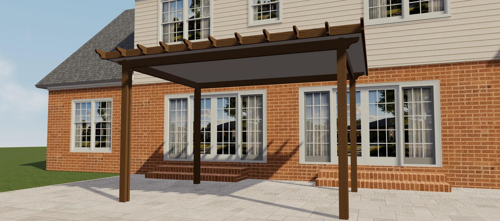 Bruine overdekte Elite Aluminum-pergola voor een bakstenen huis in een Configurix-productweergave