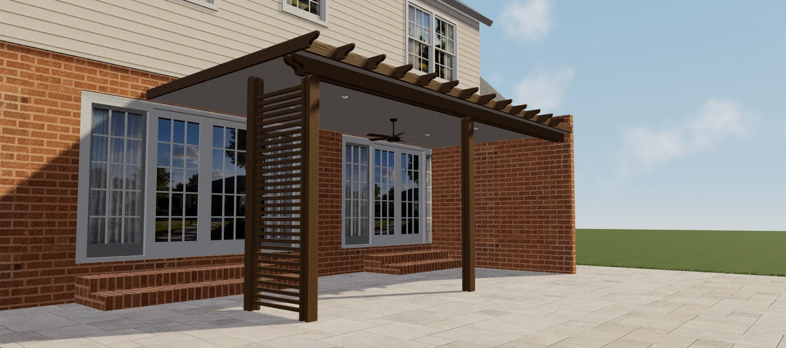 3D-voorbeeld van een bruine overdekte pergola met zijpaneel met latten, plafondventilator en inbouwverlichting.