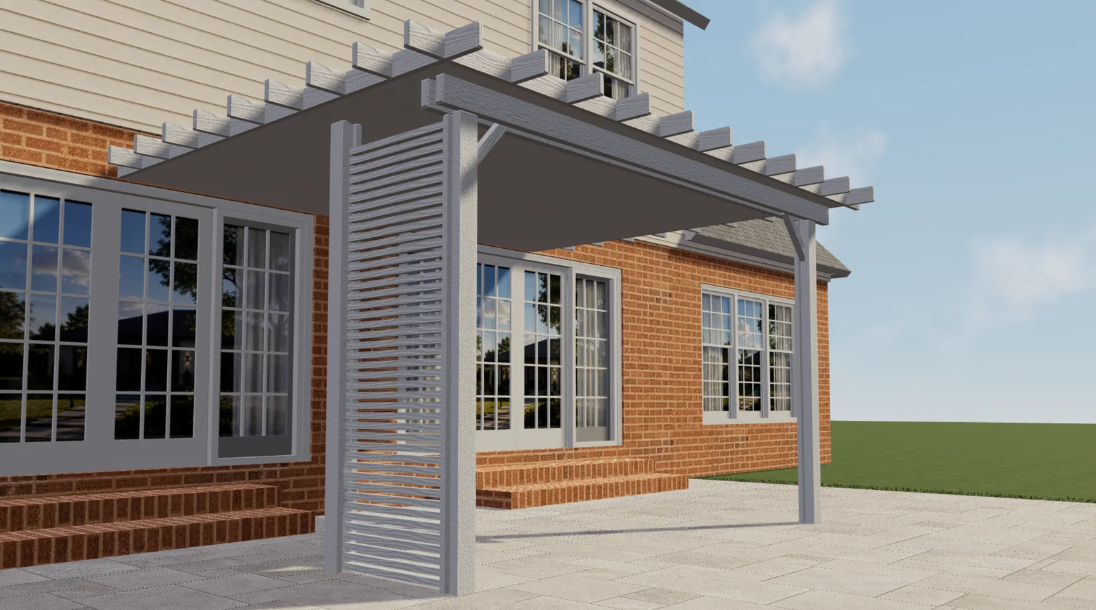 Witte pergola van Elite Aluminum met een zijpaneel met lamellen in een Configurix-productweergave in 3D