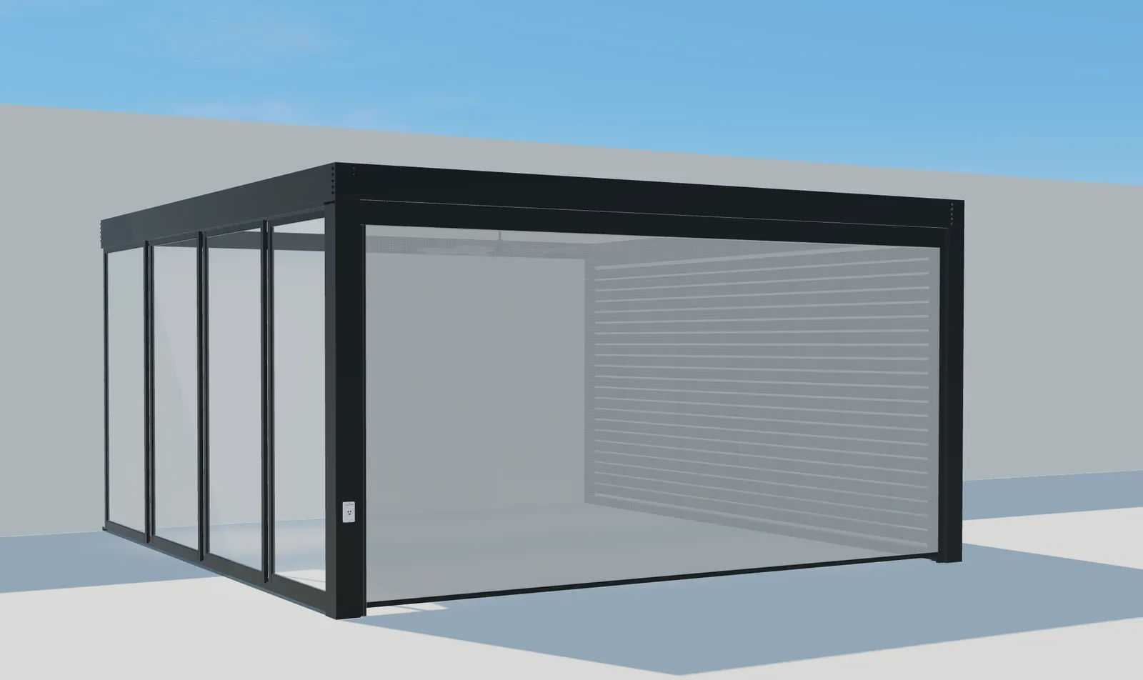 3D-beeld van Pergola Plus met zijbeglazing en een volledig neergelaten frontscreen.