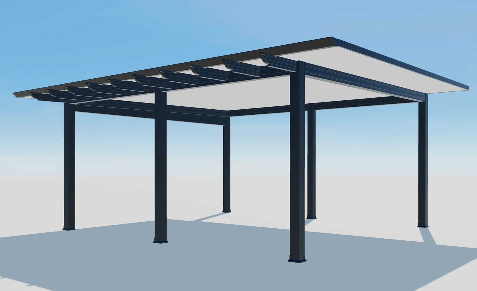 3D-perspectief van het Pergola Plus-dak met zichtbare balken en zes staanders.