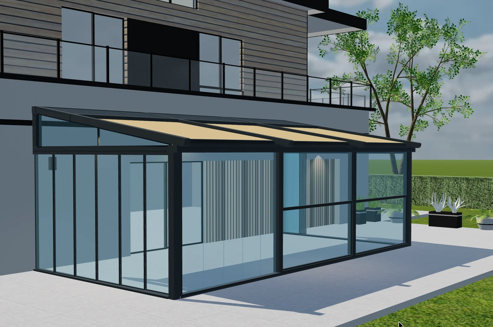 3D-voorbeeld van een glazen pergola met schuin frame, crèmekleurige dakbedekking en glazen wanden met donkere frames.