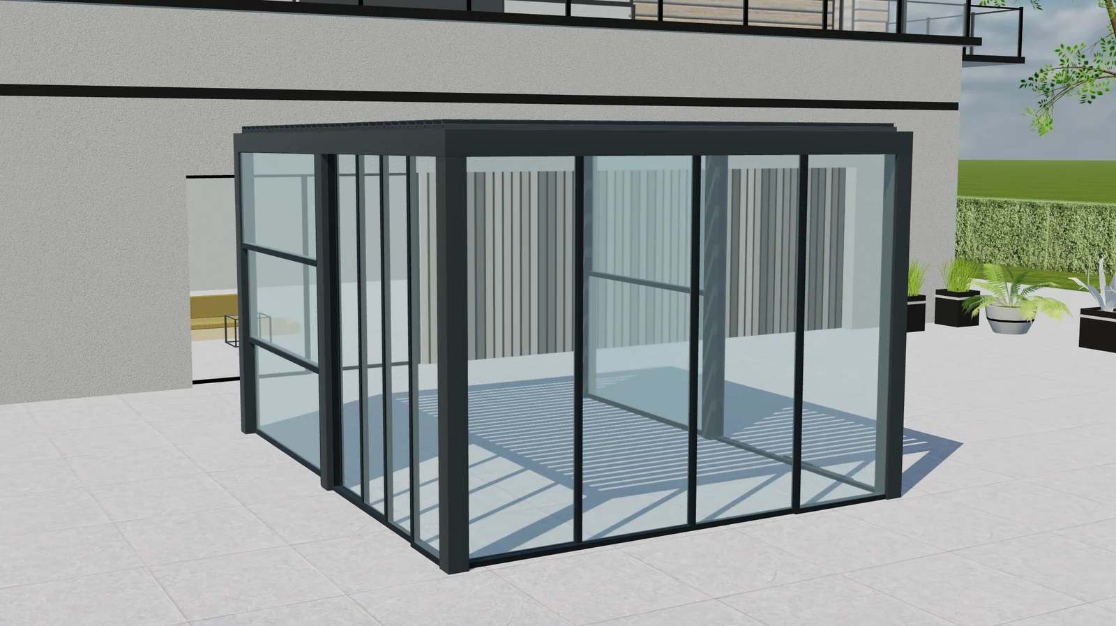Lamellenpergola van Tenteks Italia met glazen schuifpanelen in een Configurix-productweergave in 3D