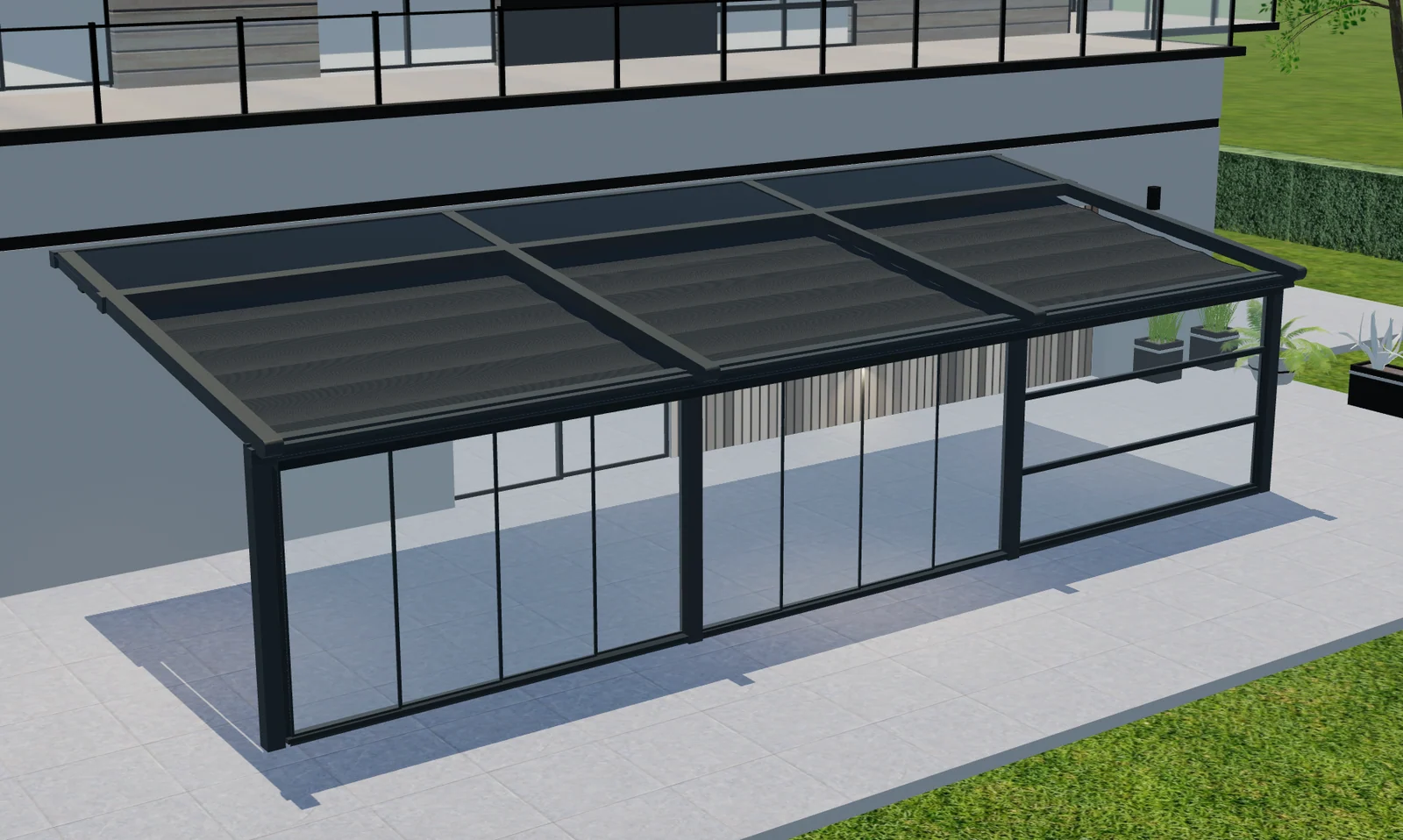Verhoogde Configurix-3D-weergave van een Tenteks Italia-pergola met meerdere dakdelen en een glazen voorzijde