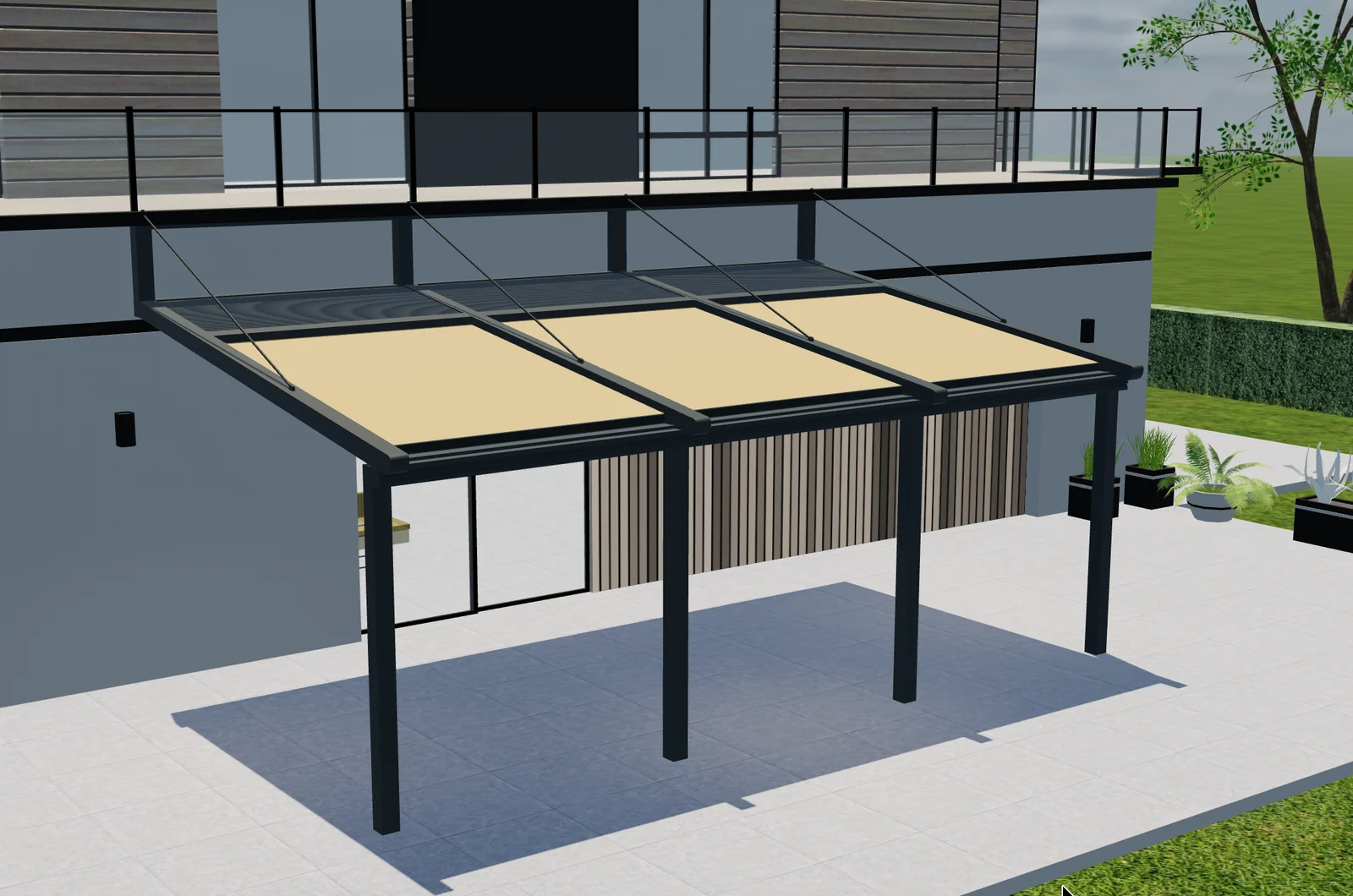 Verhoogd 3D-aanzicht van een aangebouwde pergola met crèmekleurig doekdak, donker frame en voorste palen.