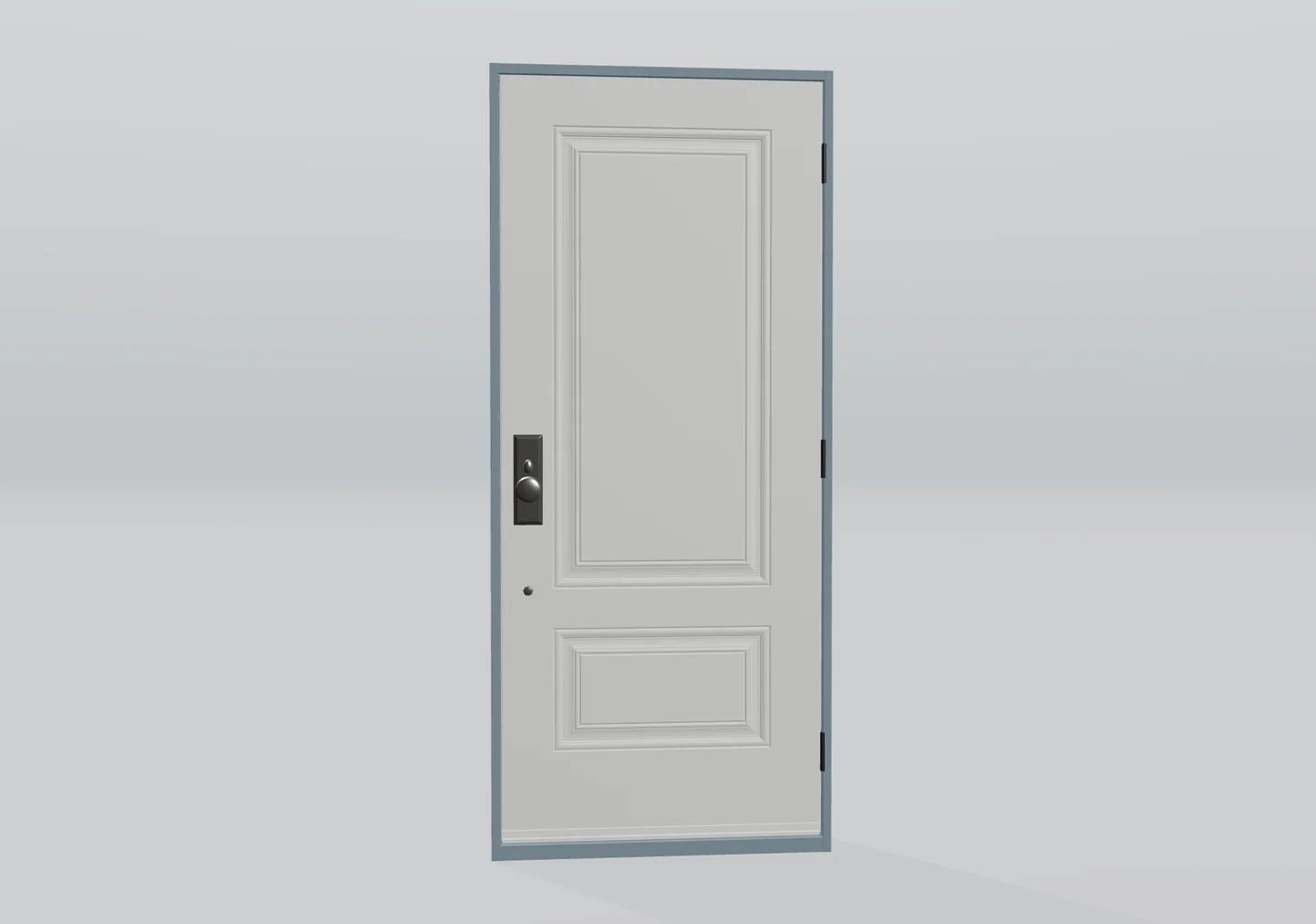 3D-enkele deur met twee geprofileerde panelen en een ronde donkere knop op een rechthoekig schild.