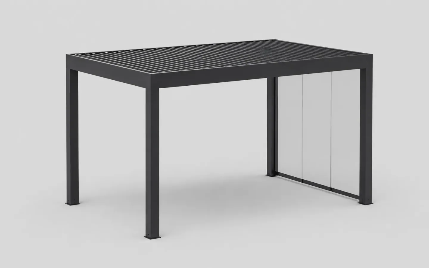 Illustratieve antraciete pergola met lamellendak en glazen zijwand, getoond in een 3D-productweergave.