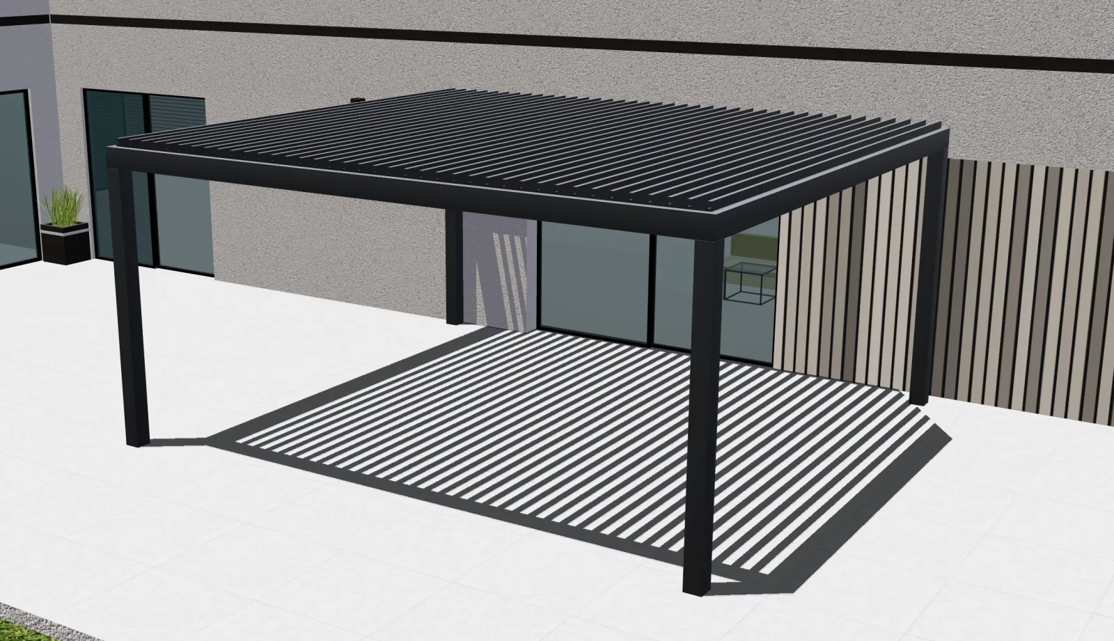 Configurix 3D-voorbeeld van een bioklimatische pergola met open aluminium lamellen