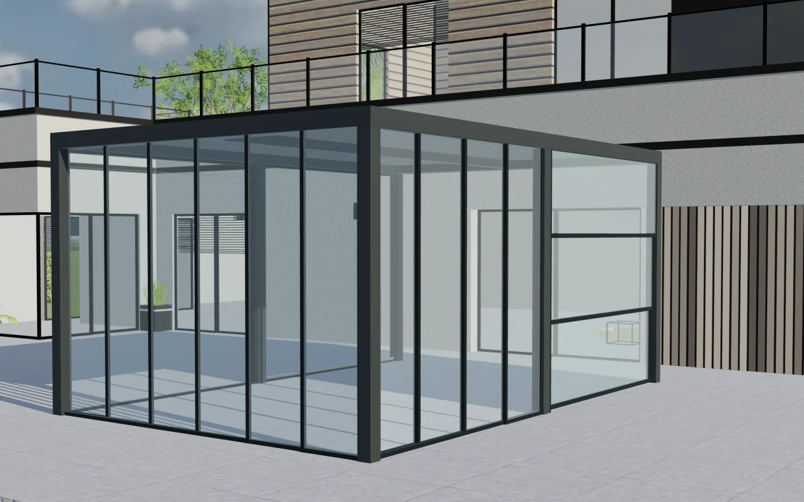 Vrijstaande antracietkleurige pergola met glazen wanden in Configurix