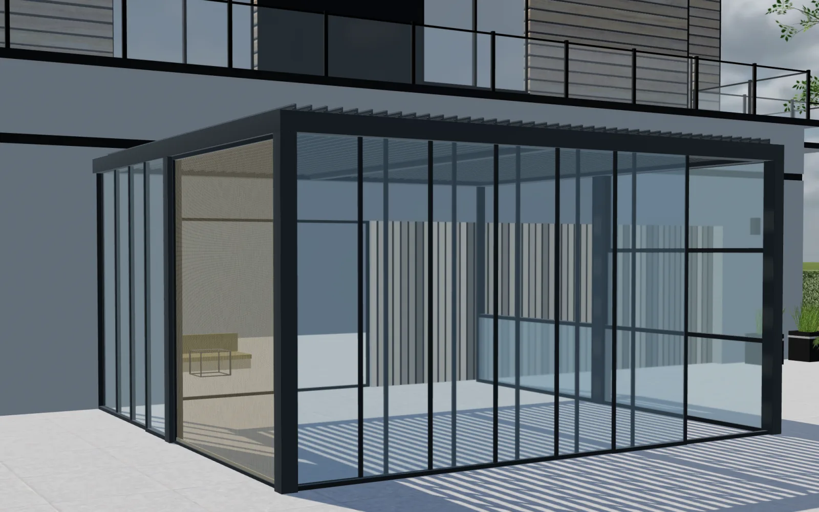 Lamellenpergola met glazen schuifpanelen in Configurix 3D