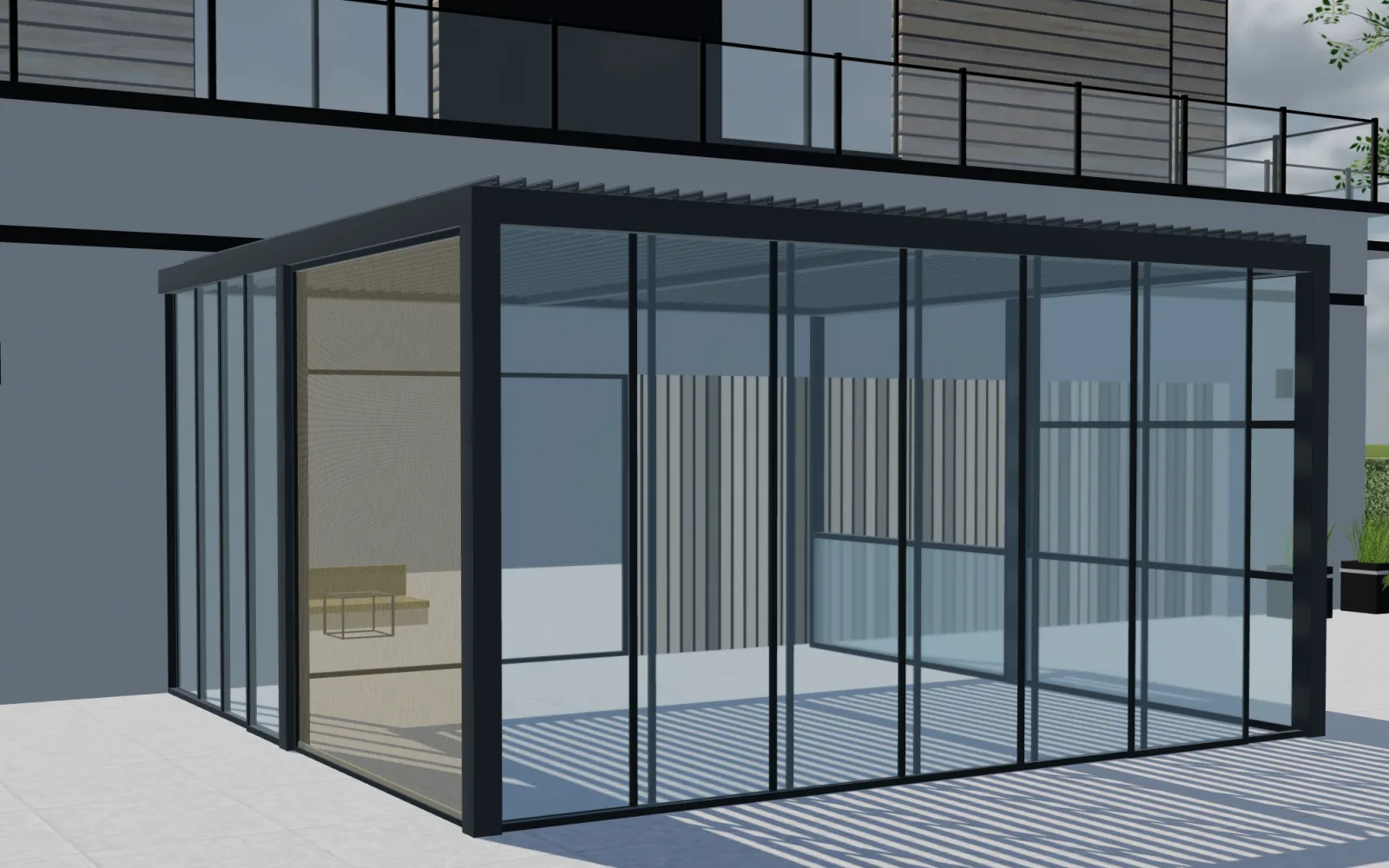 3D-weergave van een configureerbaar product (pergola) bij Europa: pergolaconfigurators, maatwerksoftware en uitrol.