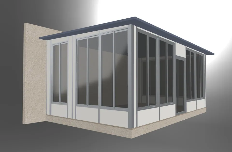 3D-weergave van een serre met witte kozijnen, glazen wanden en een gesloten dak.
