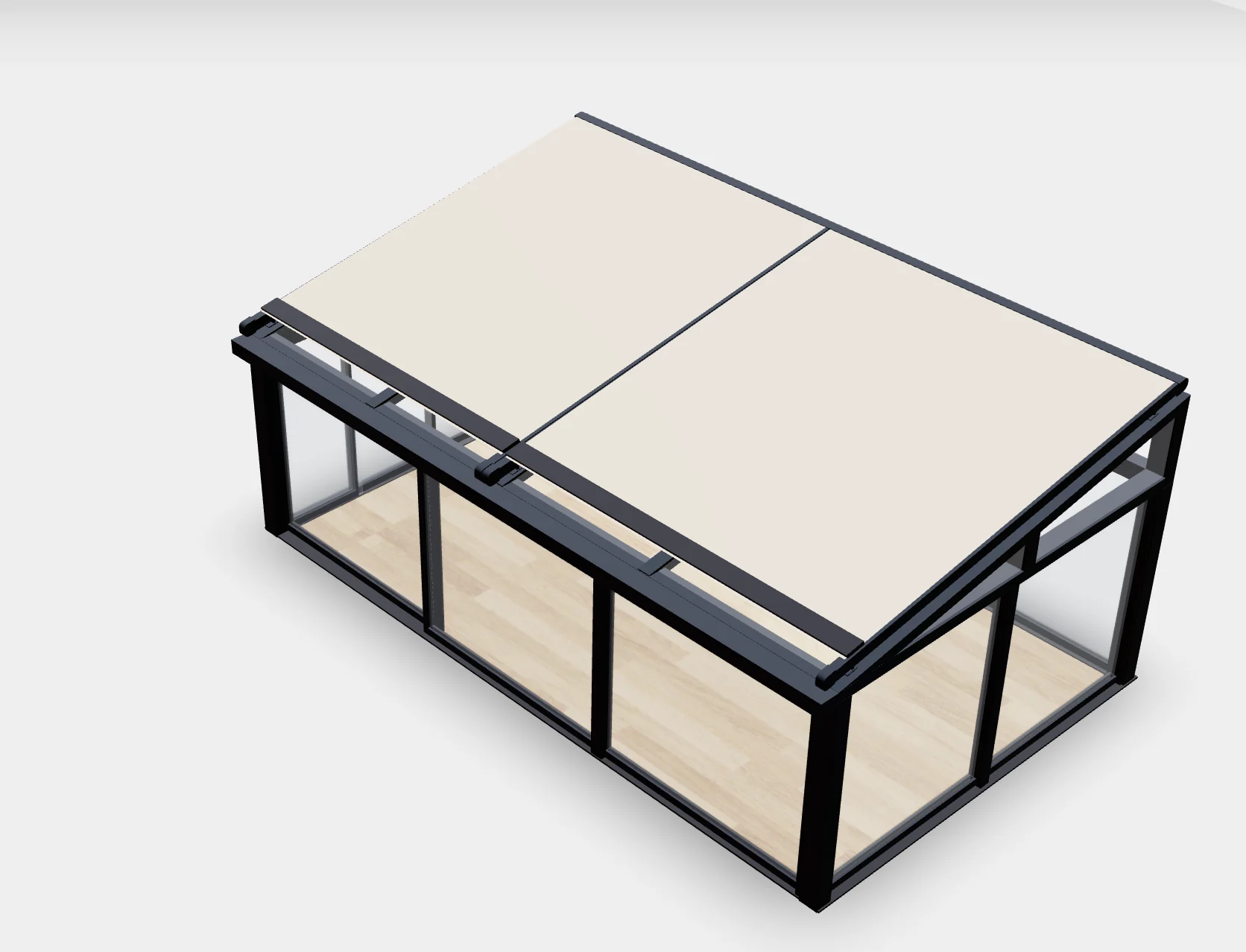 3D-configuratorweergave van een veranda op maat met omlijste dakpanelen en glazen schuifwanden.