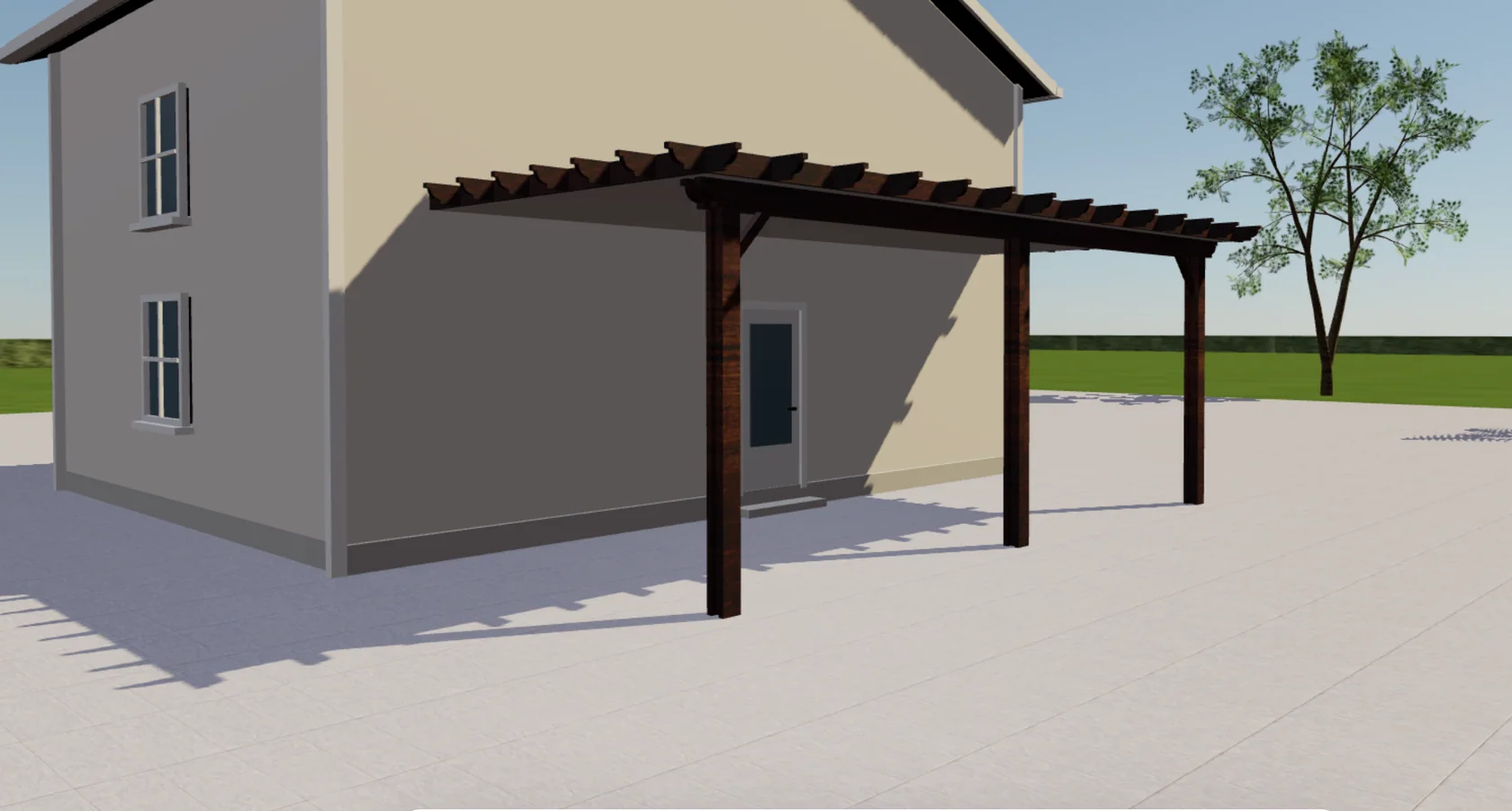 Timber wall-mounted pergola shown from the garden inside a clear 3D configurator scene