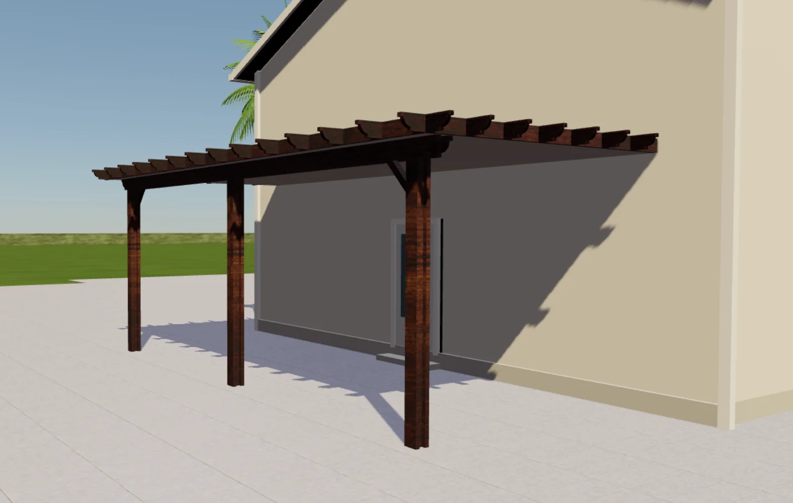 Timber wall-mounted pergola shown from the house side inside a clear 3D configurator scene